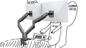 A line drawing of a person wearing gamer clothing and sitting in a gaming chair using a dual monitor setup. The drawing is so poor even a child could not have done it.